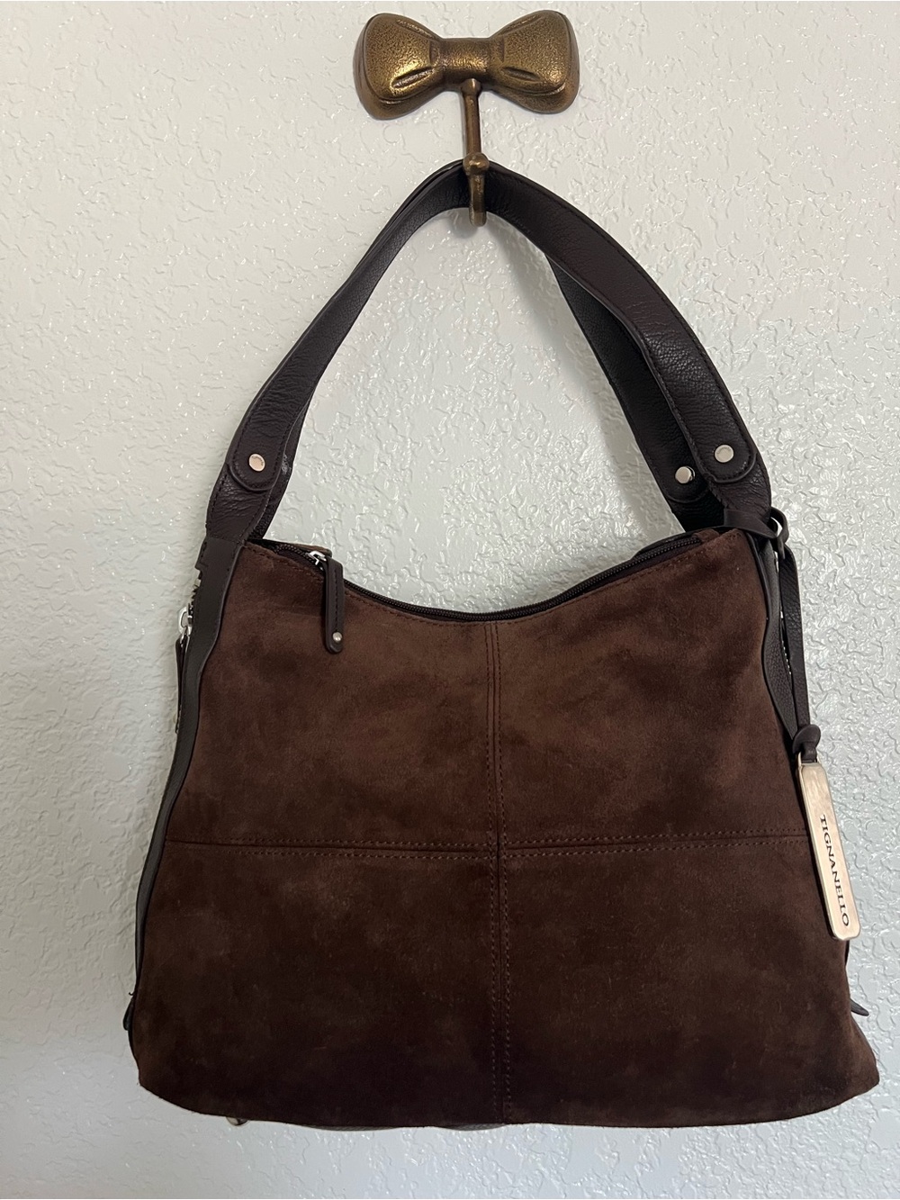 Tignanello Dark Brown Suede Shoulder Bag
